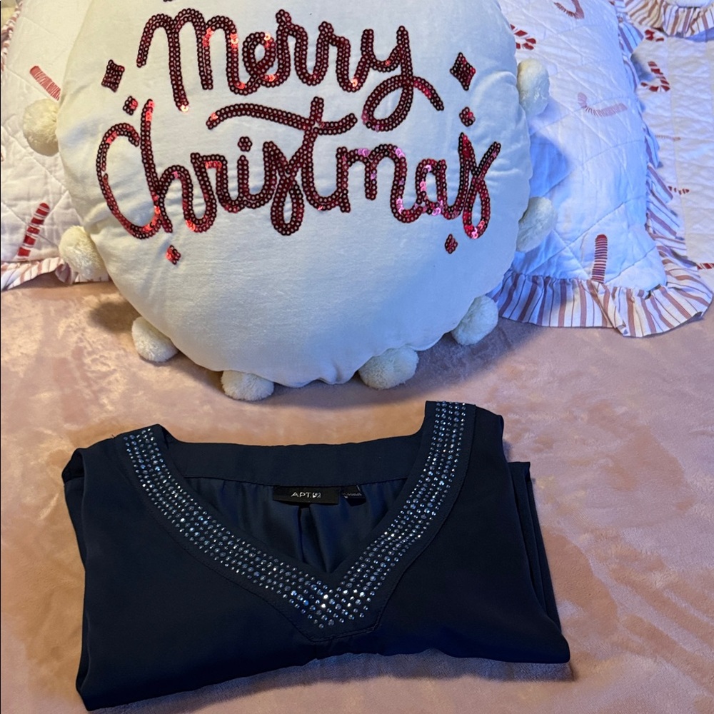 Apt. 9 Navy Blouse High Low Style with Embellished Beaded V-Neck Size L